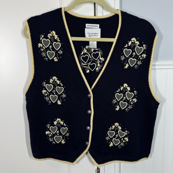 Vintage Sweaters - Vtg Hand-knit Christopher & Banks Sweater Vest Navy Yellow Hearts Flowers